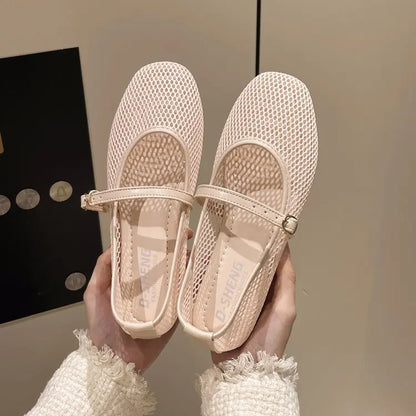 Women Luxury Sandals Flats Shallow Beach Comfort Retro Female Mary Jane Fishing Net Ballet Shoes Women's Soft Bottom Flat Hollow