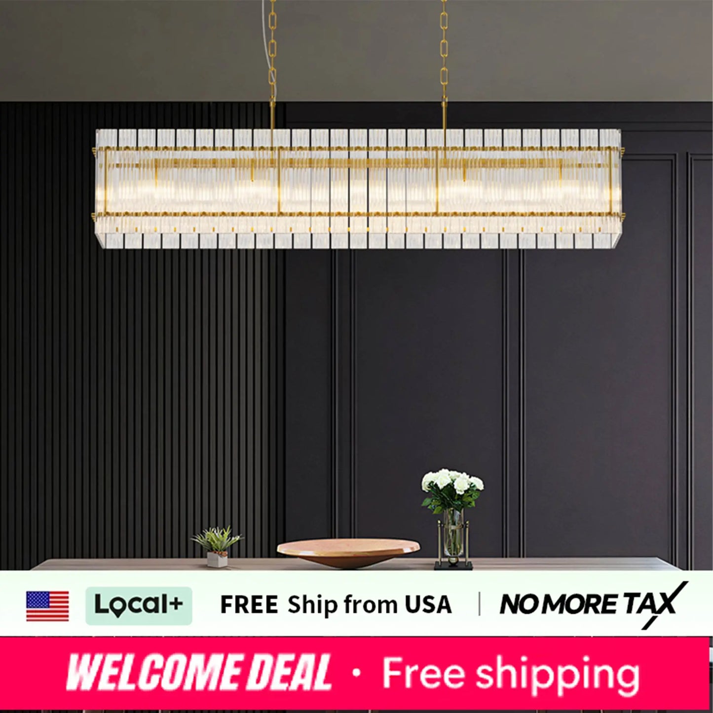 Modern Rectangular Crystal Glass Chandelier, 10-Lights Glod Chandelier Lighting Contemporary Pendant Ceiling Light Fixture