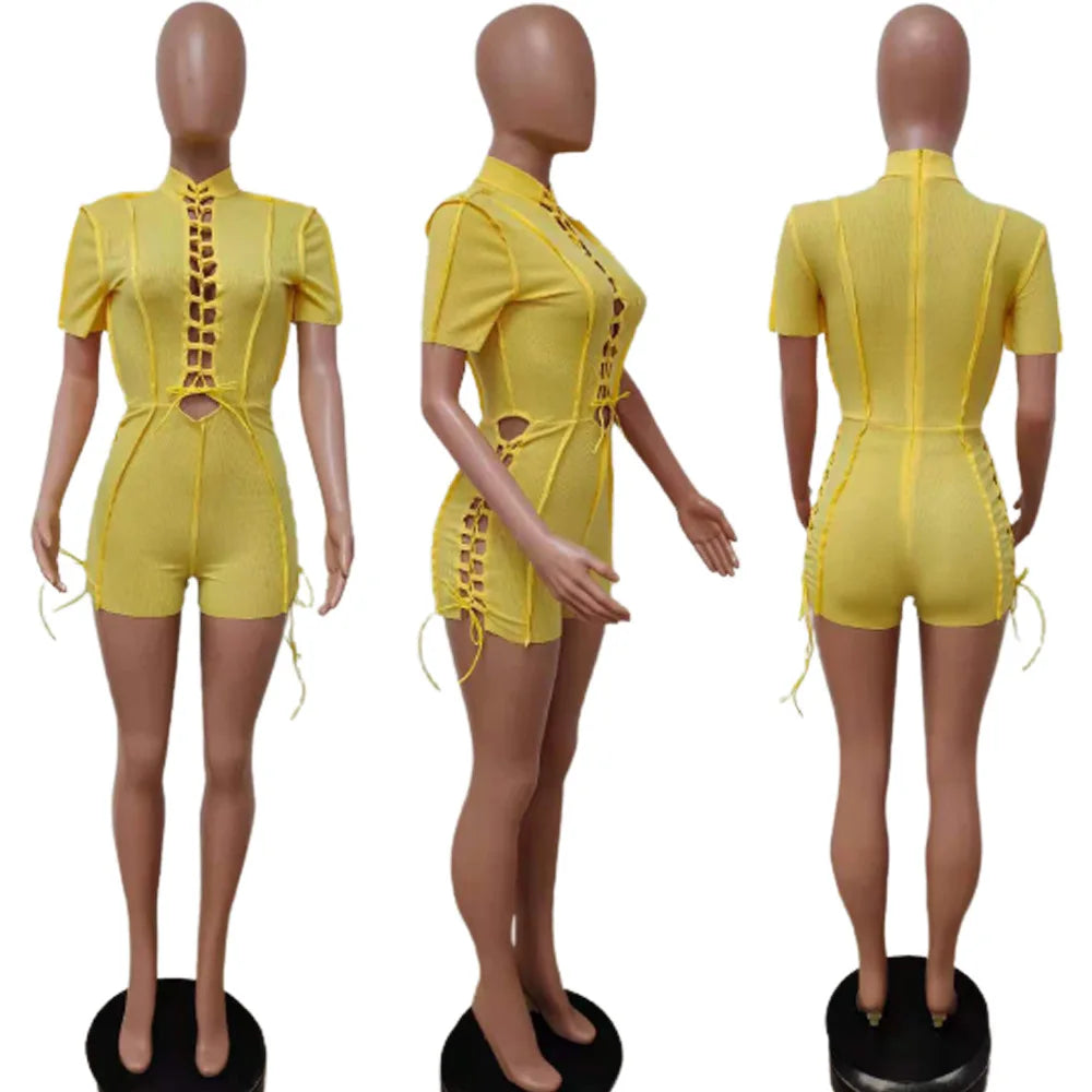 Wholesale Streetwear Jumpsuit Women 2023 One-pieces Outfits Rompers Summer Green Short Sleeve Bodycon Casual Bandage Playsuits