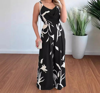 Women's Jumpsuit 2024 Summer Fashion Print Temperament Commuting Elegant Overalls Sleeveless V-neck Open Back Wide Leg Jumpsuits