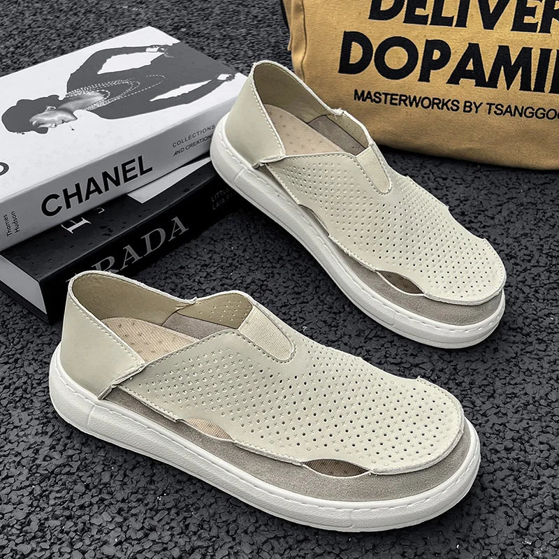 Mens Sandals Summer Handmade Leather Daily Wear Fashionable Walking Shoes Breathable Odor Proof Casual Loafers Plus Size Male