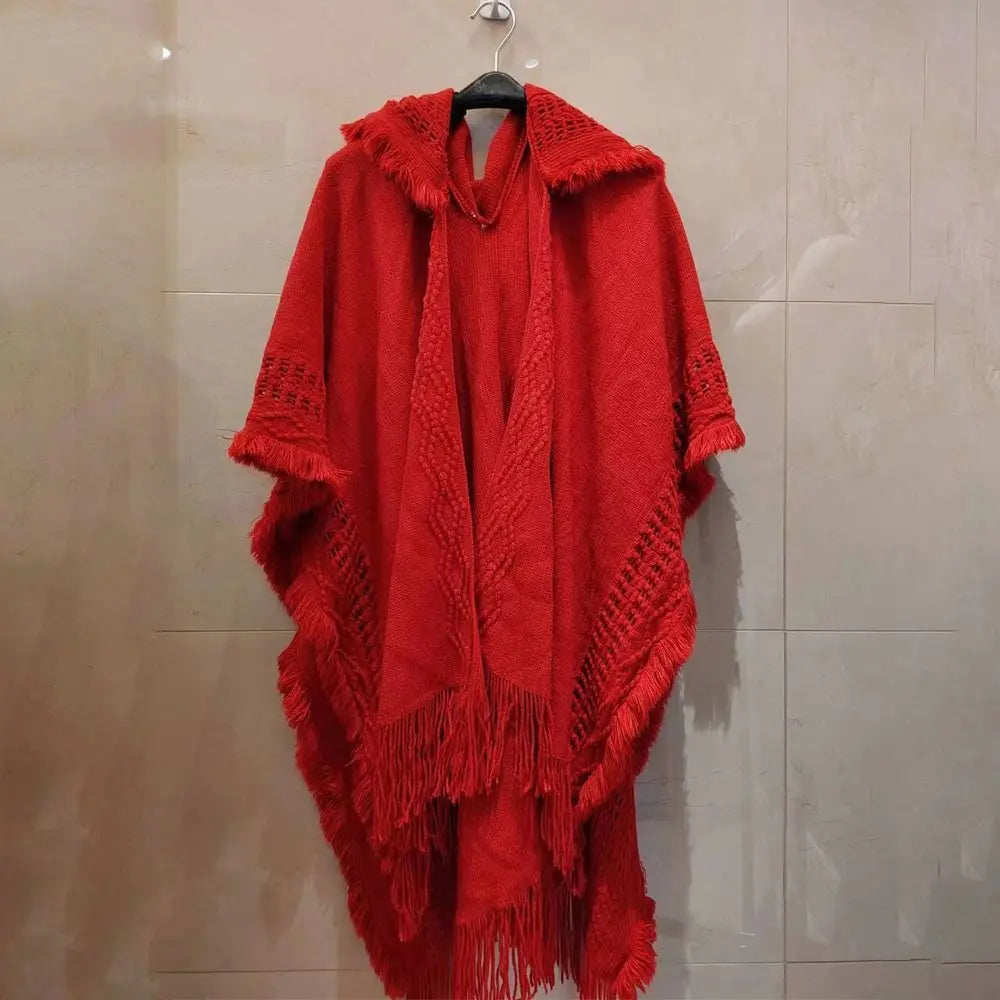 Wedding Party Cloak Hooded Knitted Shawl Bohemian Winter Warm Ladies Tassel Cape Oblique Stripe Wraps Scarf Coat