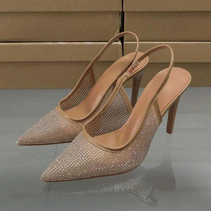 Luxury Designer Rhinestone Heeled Sandals Women Sexy Pointed Toe Mesh Breathable Thin High Heels Elegant Party Dress Pumps Shoes