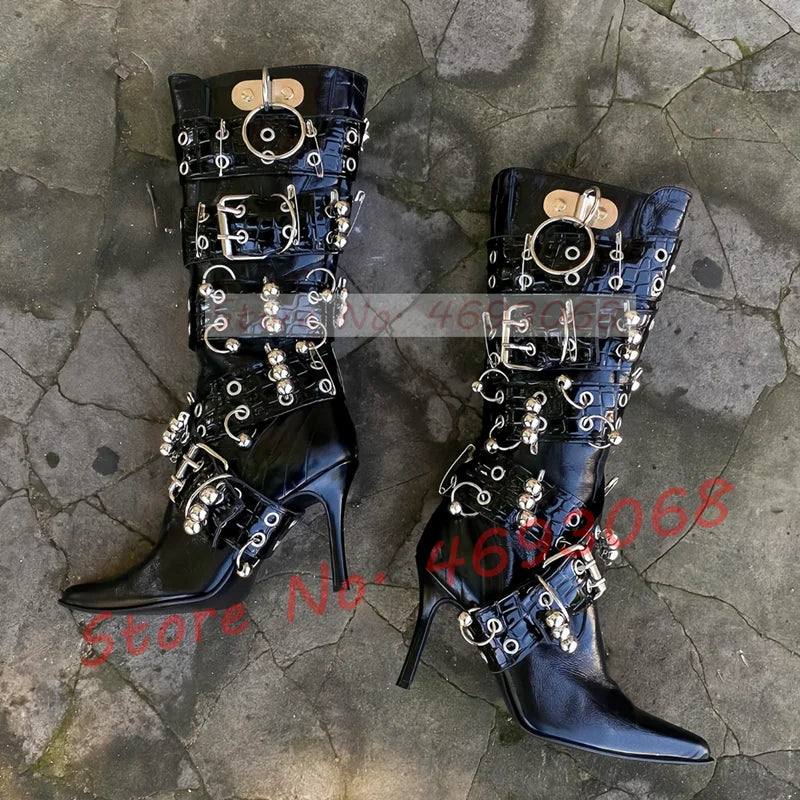 Metal Ring Rivet Black Knee High Boots Women Sexy Belt Buckle Cross Strap Thin High Heels Ladies Streetwear Punk Pointy Boots