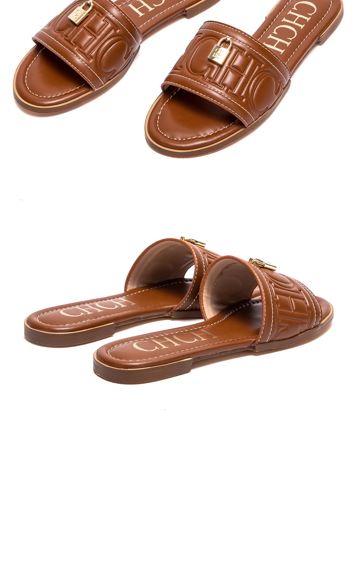 CHCH Women's Flat Shoes Summer New Solid Color Embossed Sandals Simple Fashion Slippers