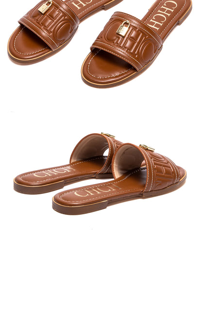 CHCH Women's Flat Shoes Summer New Solid Color Embossed Sandals Simple Fashion Slippers