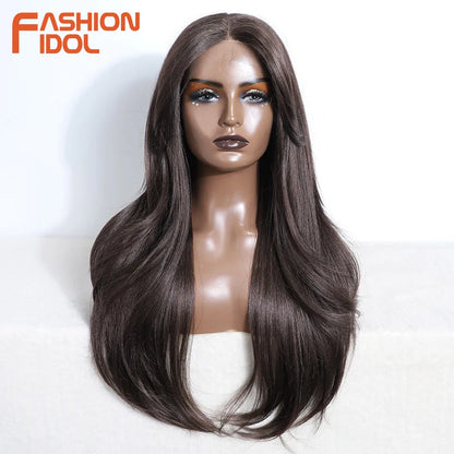 FASHION IDOL 26inch/65cm Straight Hair Lace Front Wigs Synthetic Hair Ombre Blonde Brown Hair Wigs Cosplay Heat Resistant Fiber