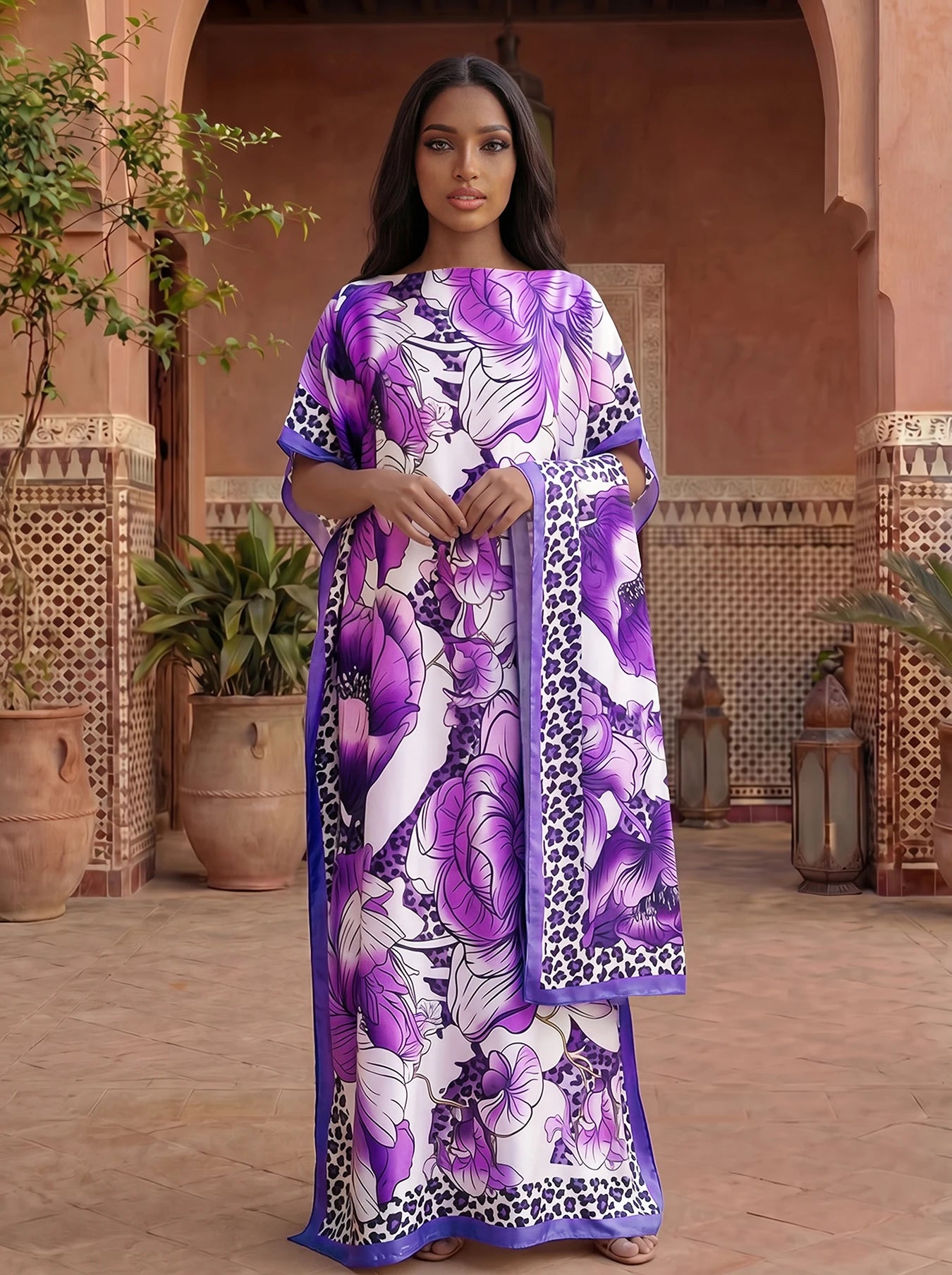 Leopard Border Big Floral Print Satin Abaya With Scarf, Loose Maxi Kaftan For Muslim Women Summer Beach Wear