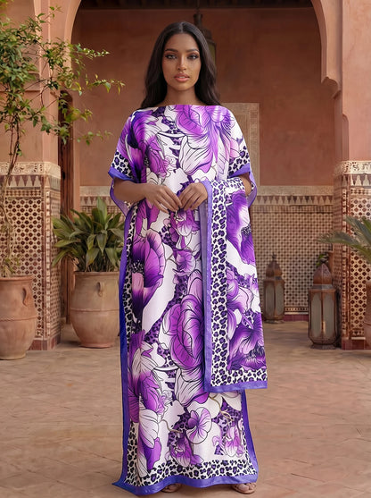 Leopard Border Big Floral Print Satin Abaya With Scarf, Loose Maxi Kaftan For Muslim Women Summer Beach Wear