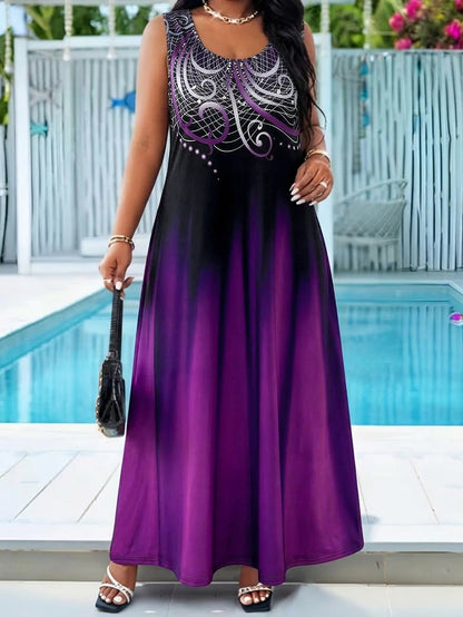 Plus Size Teal Blue Gradient Print Maxi Dress Summer Casual Round Neck Sleeveless Loose Long Sundress With Pocket