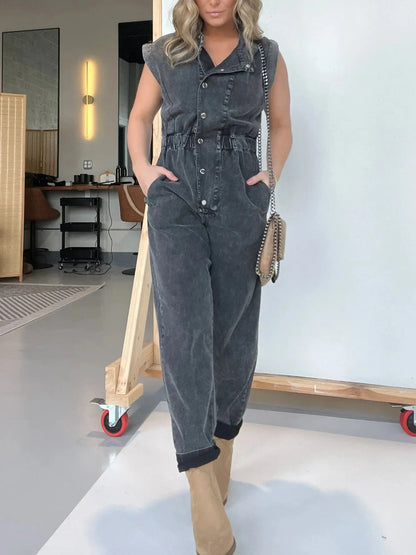 Women Jumpsuits Single Breasted Sleeveless Rompers One Piece Slim Button Solid Pencil Pants Pockets Spliced High Street