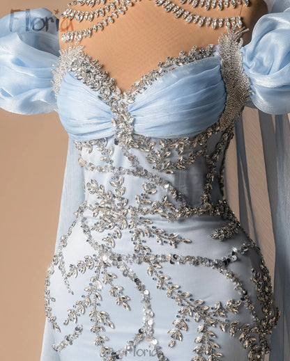 Off Shoulder With Long Cloak Prom Dress Light Blue Women Wedding Occasion Dress Heavy Silver Stone Glitter Party Gown Customized