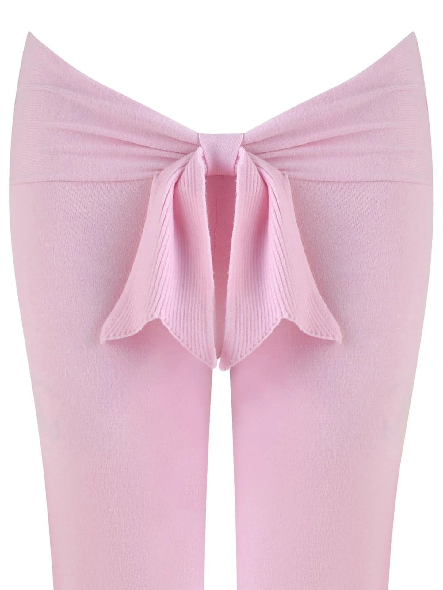 Combhasaki Women's Y2l Knitted Flared Long Pants Slim Fit Solid Color Fold Over Waist Elastic Low Rise Back Bow Decor Trousers