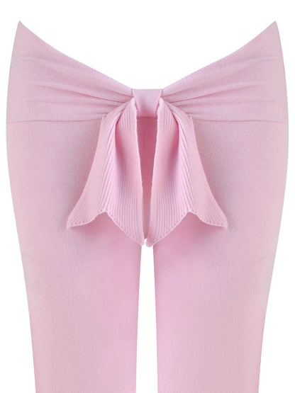 Combhasaki Women's Y2l Knitted Flared Long Pants Slim Fit Solid Color Fold Over Waist Elastic Low Rise Back Bow Decor Trousers