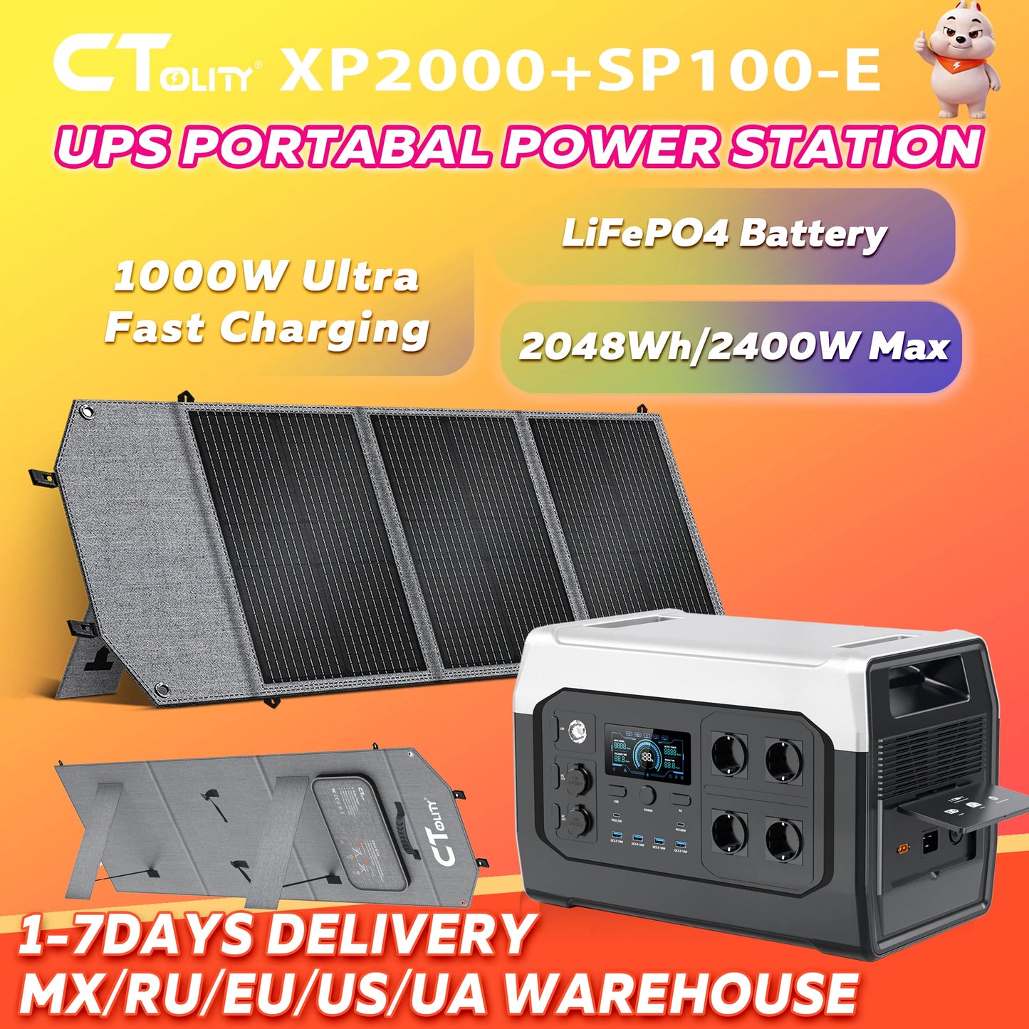 CTOLITY XP2000 UPS Power Station 2400W 2048Wh 640000mAh & SP100-ETFE 100W Foldable Solar Panel, LiFePO4 Outdoor Emergency Supply