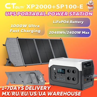 CTOLITY XP2000 UPS Power Station 2400W 2048Wh 640000mAh & SP100-ETFE 100W Foldable Solar Panel, LiFePO4 Outdoor Emergency Supply