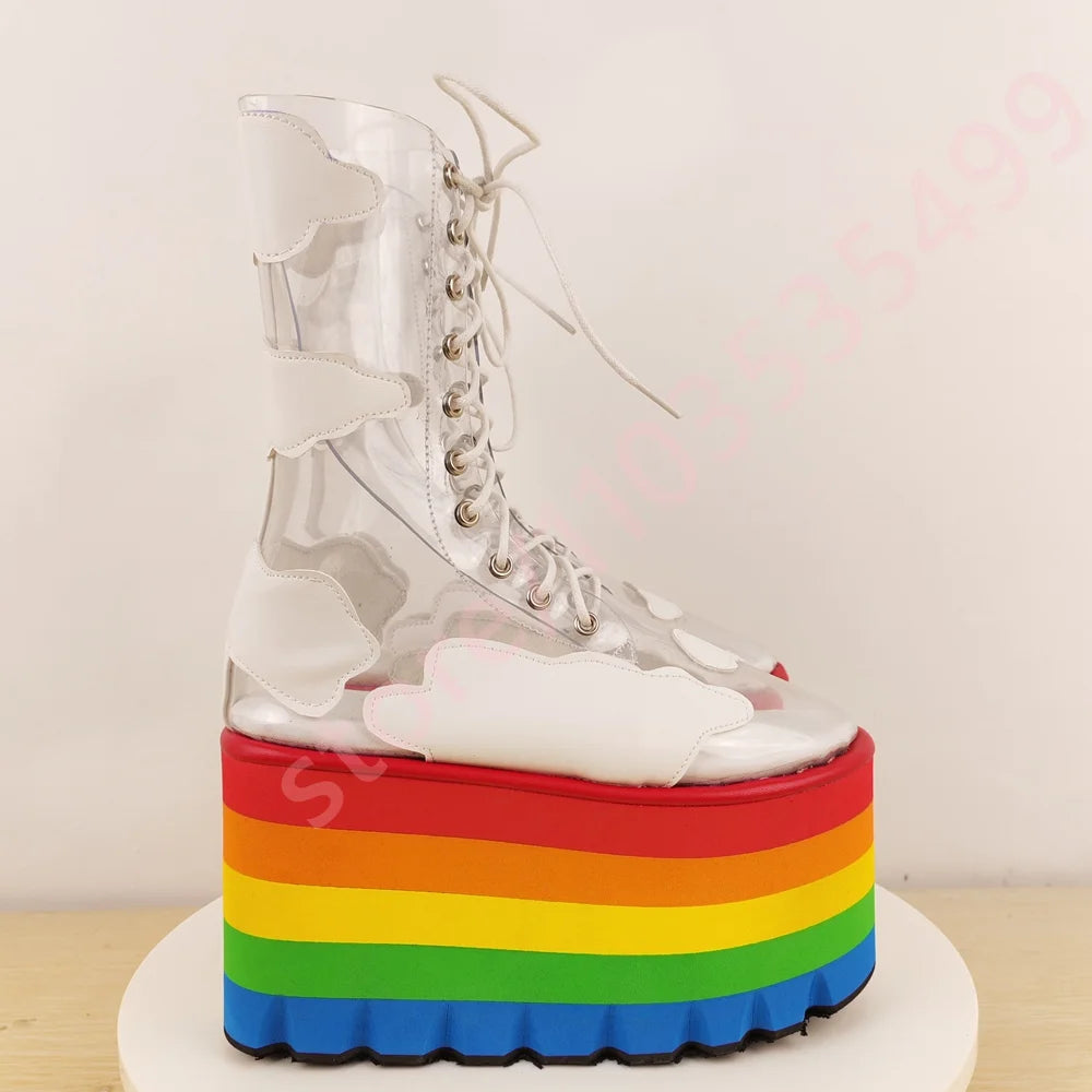 Rainbow Thick Sole Clear Pvc Short Boots 2025 New Round Wedge Heel Street Punk Cross-Lace Stage Boots Fashion Party Casual Boots