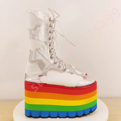Rainbow Thick Sole Clear Pvc Short Boots 2025 New Round Wedge Heel Street Punk Cross-Lace Stage Boots Fashion Party Casual Boots