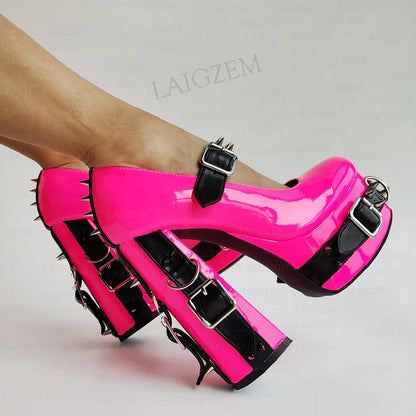 LAIGZEM Women Pumps Punk Rivets Patchwork Platform Cosplay Gothic Sandals Handmade Buckle Straps Shoes Woman Big Size 39 43 52