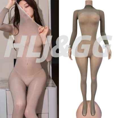 HLJ&GG Sexy Mesh See Through Bodycon One Piece Jumpsuits Women O Neck Long Sleeve Stretchy Overall Lady Party Clubwear Playsuits