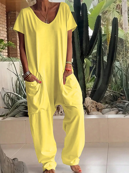 Women Summer Solid V Neck Jumpsuit European Hot Oversized Pockets Low Crotch Loose Rompers Ladies Casual Daily Outfit