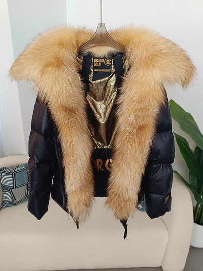 OFTBUY Real Fox Fur Collar Hooded Winter Women White Duck Down Short Jacket Black Gold Female Thick Warm Coat Luxury Outerwear