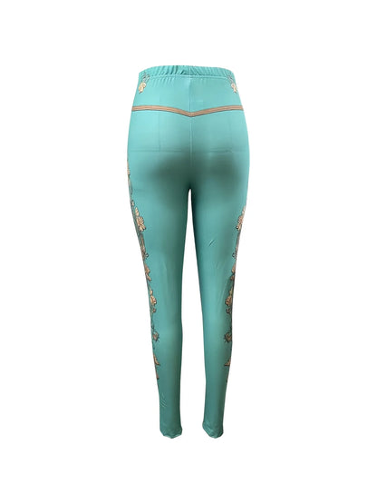 Women Mid‑Rise Fleece Lined Leggings Western Floral Print Warm Elastic Cowgirl Style Long Pants