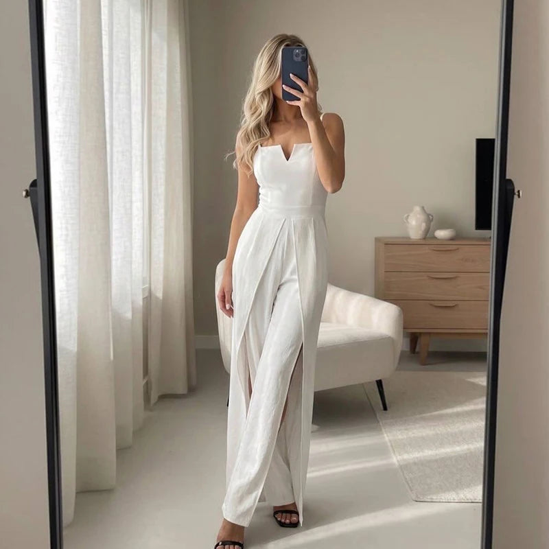 Commute Sling Jumpsuits Women Square Neck High Waist Split Solid Jumpsuit Female 2026 Summer New Fashion Soft Streetwears Lady