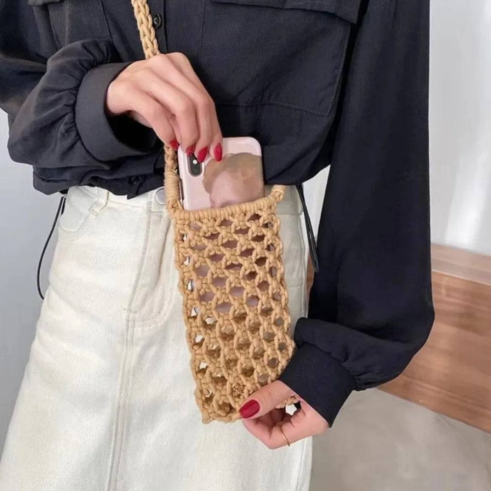 Hollow-out Woven Crochet Small Crossbody Phone Bag Women Fashion Solid Color Lightweight Braided Shoulder Handbag Crossbody Bags