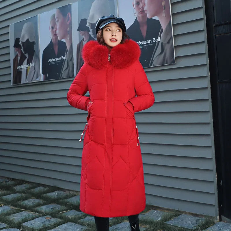 New Women's Winter Jacket 2026 Mid-length Fashion Slim Over Knee Fur Collar Thick Cotton Coat Elegant Gray Parka Woman Clothing