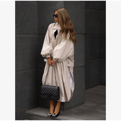 Women's Brown Stand Up Collar Long Long Trench Coat  Lantern Sleeve Side Slit Loose Windbreaker 2026 Spring Autumn Fashion Coat