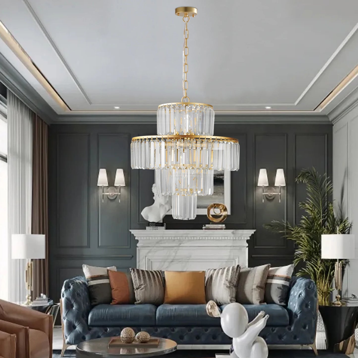 20" Luxury 4-Tier Crystal Chandelier, 12-Light Gold Frame Pendant Light, Elegant Ceiling Lighting for Living Room, Dining Room