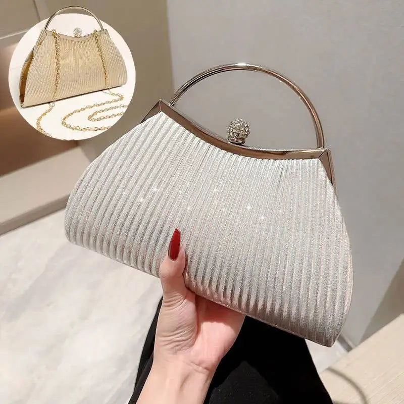 Pleated Evening Handbag Women Top Handle Glitter Day Clutch Ladies Wedding Dinner Dressed Clip Bag Diamond Party Purse Gold