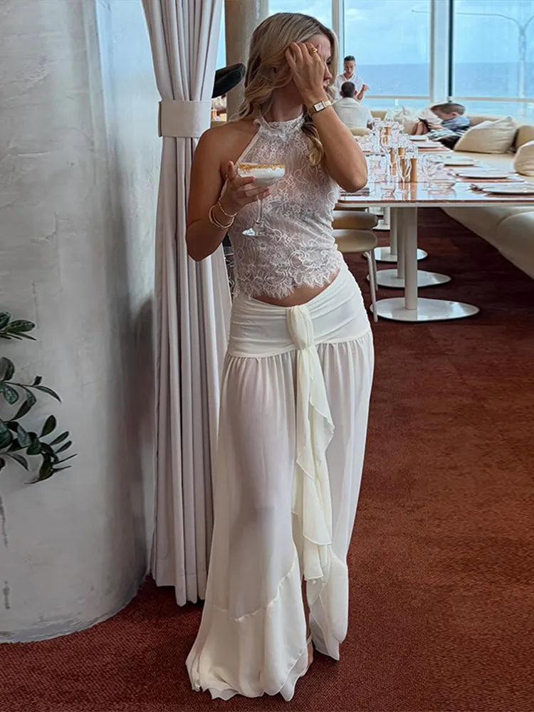 Boho 2 Piece Set Halter Sheer Floral Lace Crop Top Ruched Waist Self Tie High Slit Ruffle 2026 Summer Beach Vacation Women Wear