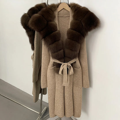 OFTBUY Fashion Warm Belt Real Fox Fur Cardigan New Natural Fur Collar Long Knit Jacket Women Atrumn Winter Top Clothing Female