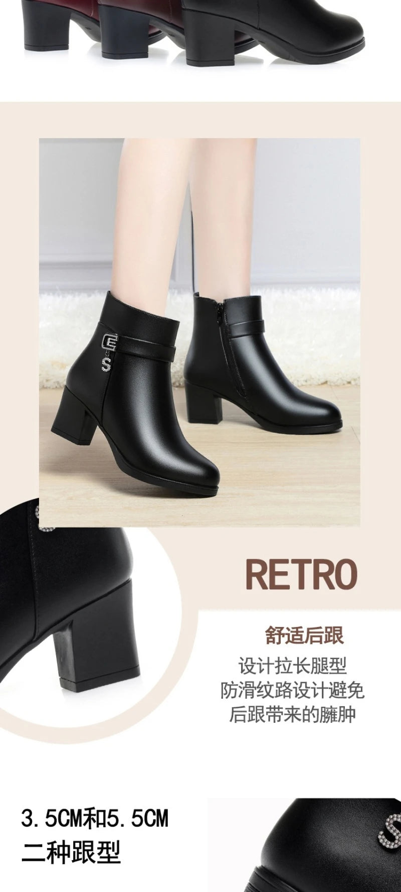 High-Heeled Leather Shoes Spring Single Shoes Thick Heel Thick Sole Slip-On Women's Shoes Square Toe Middle-Aged Mother's Shoes