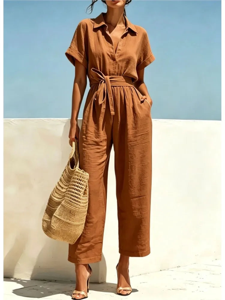 2026 Women's Shirts And Jumpsuits Fashion V-neck Lace Up Wide Legs Summer Casual Resort Female Short Sleeve Rompers Shirts Pants
