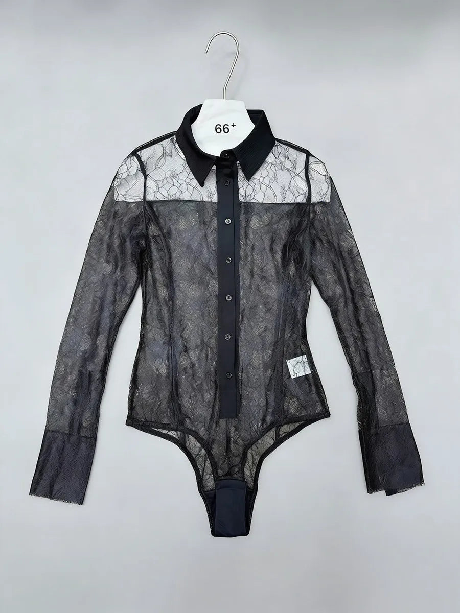 TWOTWINSTYLE Solid Slimming Sheer Spliced Lace Sexy Rompers for Women Lapel Long Sleeves Patchwork Single Breasted Romper Female
