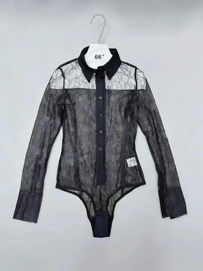 TWOTWINSTYLE Solid Slimming Sheer Spliced Lace Sexy Rompers for Women Lapel Long Sleeves Patchwork Single Breasted Romper Female