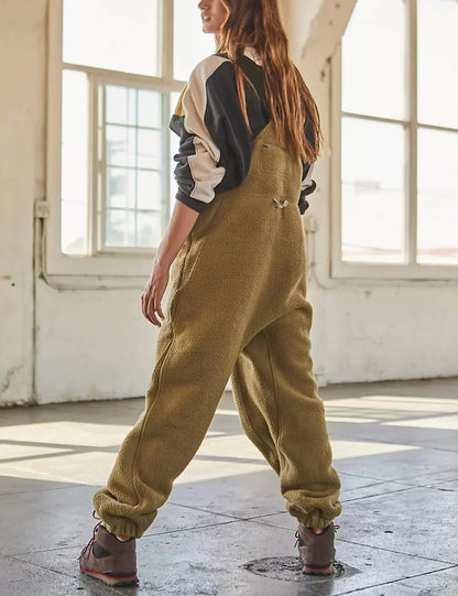 Women Fleece Warm Overalls Loose Casual Jumpsuits One-Piece Bibs Adjustable Suspender Straps Winter Fuzzy Soft Comfy Ski Pants