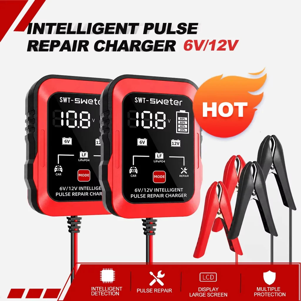 ZNLYRION 2Pcs /pair 6V 12V Smart Car Battery Charger 1.5A Pulse Repair Charger for Lead Acid LiFePO4 Battery Digital Display Auto Motorcycle Battery Maintainer with Alligator Clips Ring Terminal Cables