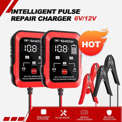 ZNLYRION 2Pcs /pair 6V 12V Smart Car Battery Charger 1.5A Pulse Repair Charger for Lead Acid LiFePO4 Battery Digital Display Auto Motorcycle Battery Maintainer with Alligator Clips Ring Terminal Cables