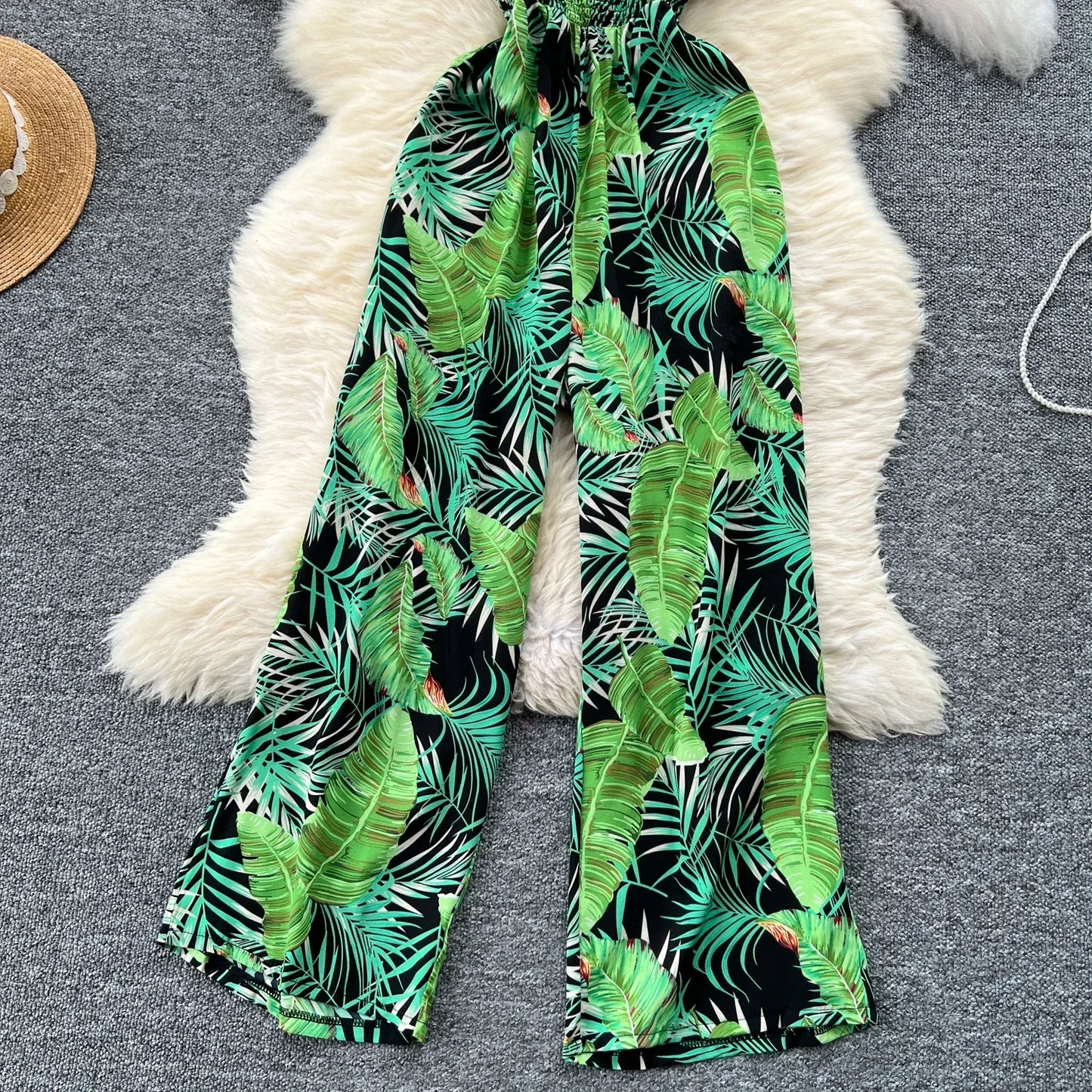2024 New Summer Sexy Bohemian Leaf Print Jumpsuits Women Sleeveless Sexy Long Jumpsuit Mujer Casual Holiday Beach Rompers