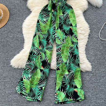 2024 New Summer Sexy Bohemian Leaf Print Jumpsuits Women Sleeveless Sexy Long Jumpsuit Mujer Casual Holiday Beach Rompers