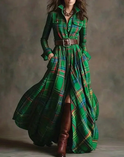 Autumn Vintage Long Sleven Dress for Women Plaid Print Shirt Maxi Dress Vacation Female Elegant Belt Loose Pocket A-line Dresses