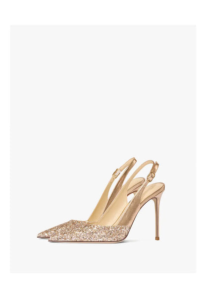 2025 New Summer Luxury Heeled Sandals Gold Sequins Back Strap Pointed Toe Stiletto Pumps Elegant Comfortable Prom Women's Shoes