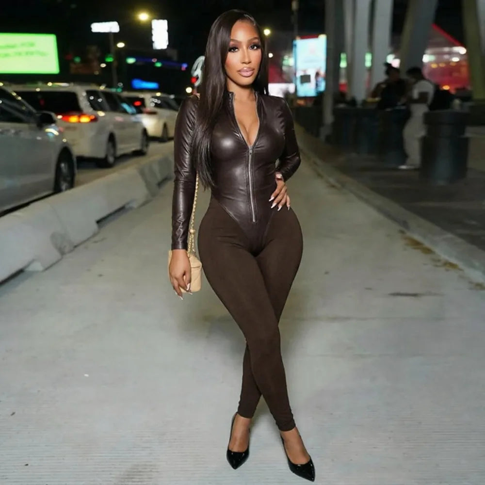 FLARORA Fashion Pu Leather Patchwork Jumpsuits Woman Stand Collar Full Sleeve Zip Skinny Peach Hip Midnight Party Club Overalls
