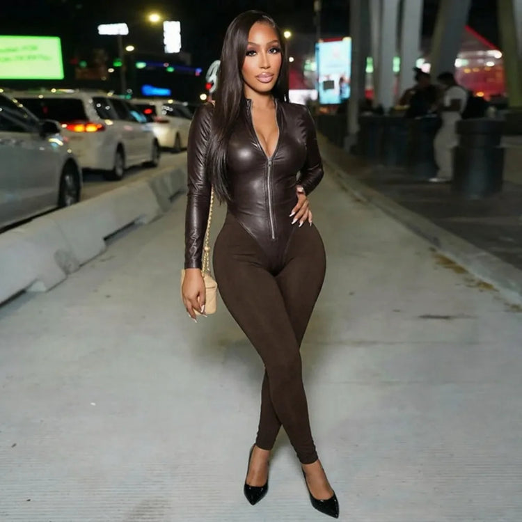 FLARORA Fashion Pu Leather Patchwork Jumpsuits Woman Stand Collar Full Sleeve Zip Skinny Peach Hip Midnight Party Club Overalls