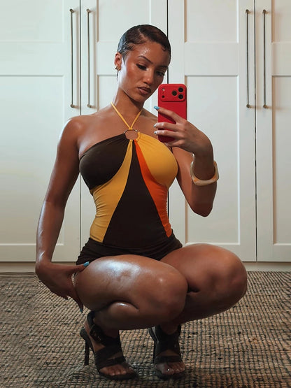 Weird Puss Color-Blocking Playsuits Woman Metal Rings Patchwork Halter Off Shoulder Backless High Street Sexy Fashion Rompers