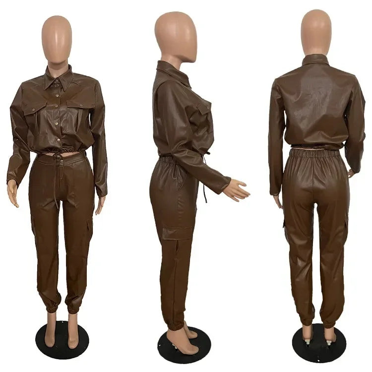 Women Jacket Sets 2 Piece Long Sleeved Slim PU Leather Gripped Pants Set Solid Zipper Fly Pencil Pants Slim Fit High Street Suit